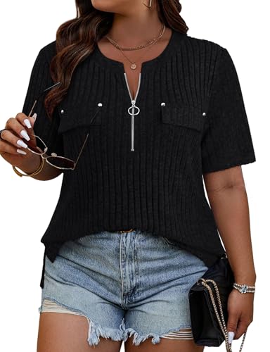 Viracy Plus Size Womens Tops 1/4 Zip Up Casual Shirts Lightweight Short Sleeve Tunics4