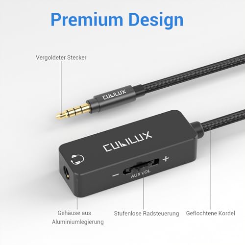 Cubilux 3,5 mm TRRS Lautstärke Dämpfer Kabel, 1/8 Zoll Verlängerung mit Audio Lautstärkeregler, In Line Volume Controller für Kopfhörer und Lautsprecher, 4 Fuß