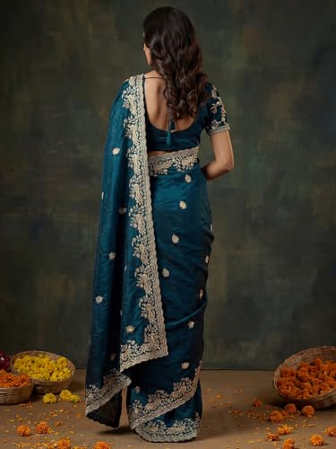 Image of SIRIL Women's Tissue Silk Scalloped Border Embroidery Saree with Unstitched Blouse Piece