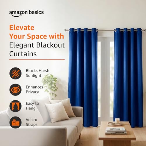 Image of Amazon Basics - Room Darkening Blackout Door Curtains, 100% Room Darkening | 9 Feet |Set of 2| Plain Design | for Living Room and Bedroom | 115cmx 274cm, Color- Blue