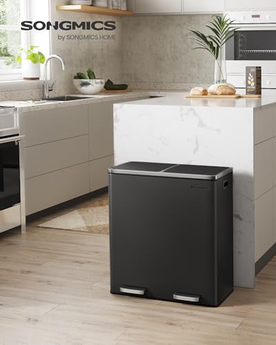 SONGMICS Trash Can, 2 x 8 Gallon (2 x 30 L) Garbage Can for Kitchen, with 15 Trash Bags, 2 Compartments, Plastic Inner Buckets and Hinged Lids, Airtight, Black ULTB60BK