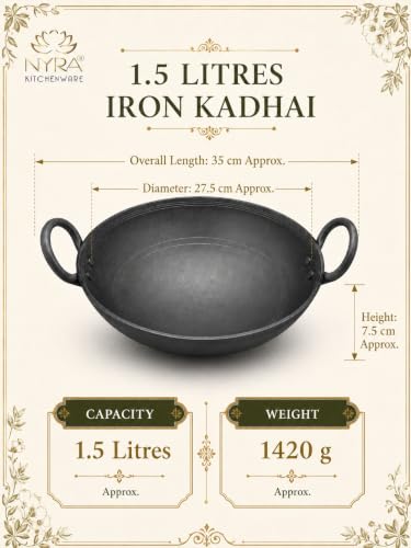 Image of NYRA Natural Traditional Black Iron Kadhai for Cooking Handmade Heavy Base Loha Kadai Lokhand /Lokhandi with Handle (Medium - 1.5 LTR)