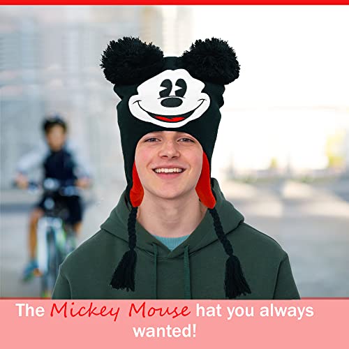 Disney Unisex Adult Mickey Mouse Acrylic Knit Winter Laplander Hat with Jumbo Knit Pom Ears and Knit Tassels2