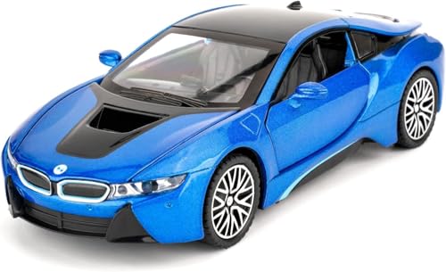 Image of 1:32 BMW i8 Diecast Toy Car Pull Back Metal Car with Openable Doors Sound & Light Features Realistic Kids Gift & Collectible Model for Boys & Girls (Blue)