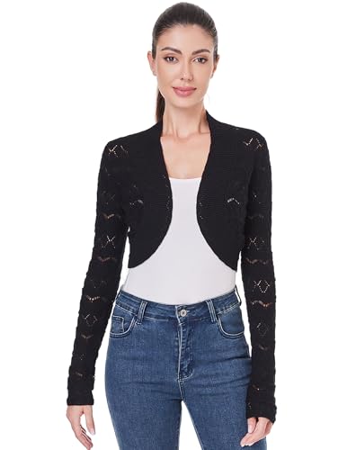 Image of AmelieBoutik Women Long Sleeve Lightweight Cable Knit Hollow Out Cropped Cardigan Open Front Bolero Shrug