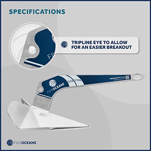 Five Oceans Delta Style Wing Anchor, 16.5 Lb / 7.5 Kg Hot Dipped Galvanized Steel Boat Anchor, Premium Series, For Pontoon, Fishing Boats, Bass Boats, Sport Boats, Sportyachts, Sailboats - Fo3685 #TOP6