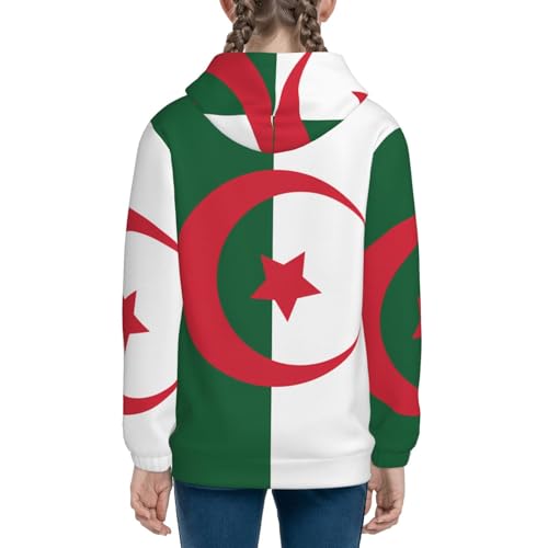 Flag of Algeria Print Girls Athletic Zip Up Hoodies,Sweatshirts with Pockets Long Sleeve Hooded Jackets, for 7-18 Y4