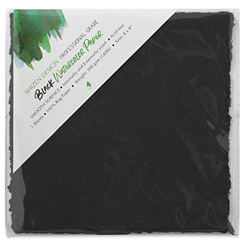 Shizen Design, Watercolor Paper, Black, Hot Press, 8x8 Inches, Pack of 5 Sheets, WC 330