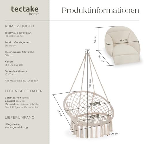tectake® Hängesessel, Hängeschaukel mit dicken Kissen & Quasten, Boho Hängekorb Ø 80 cm, Hängesessel mit Gestell für Garten, Balkon und Wohnzimmer, Nestschaukel Outdoor & Indoor, Gartenstuhl - beige 6
