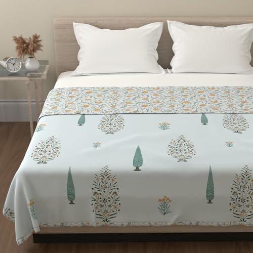 Image of HUESLAND 100% Cotton Reversible Dohar Single Bed Cotton | Soft Cambric Weave, Lightweight AC Blanket for Summer & All Weather Use | 56 x 89 inches, Botanical Fusion - Celest Blue, Green & Mustard
