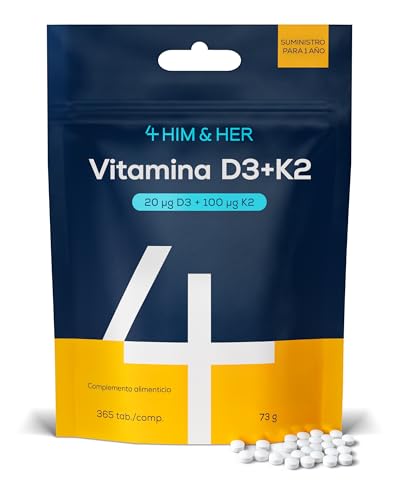 Vitamina D3 K2 Comprimidos - 20µg (800 UI) Vitamina D3 + 100µg Vitamina K2 (MK-7) | 365 Comprimidos 1 Año | Huesos, Sistema Inmunitario & Músculos | Vegetariano | 4 HIM & HER