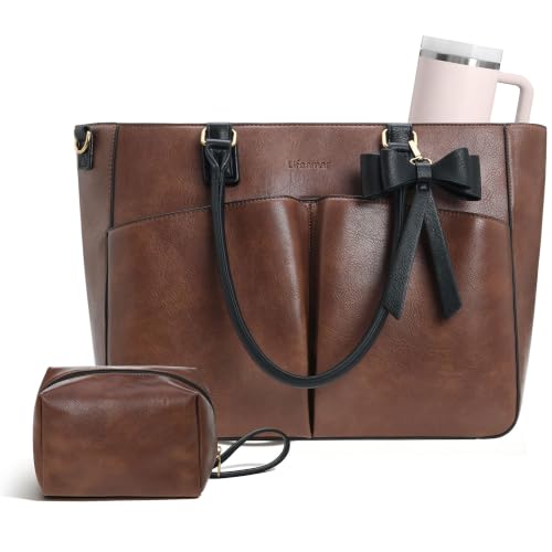 Image of Laptop Tote Bag for Women, Leather Work Tote with Padded Laptop Compartment, Cup Holder, Office Computer Briefcase
