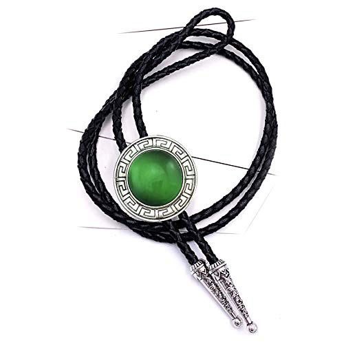 Lanxy Leather Native American Western Celtic Round Transparent Green Stone Bolo Tie Silver Tone(Genunie Leather Rope)