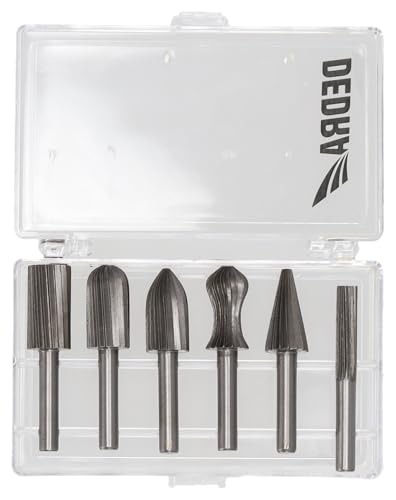 DEDRA Hartmetall Frässtifte-Set mit 6 HSS-Schaftfräsern für Aluminium, Nichteisenmetalle, Kunststoff und Holz, Schaftdurchmesser 6 mm, geeignet für Geradschleifer