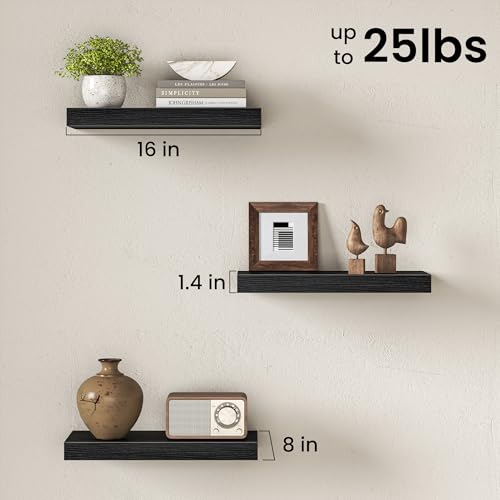 Image of Fun Memories 16Inch Floating Shelves for Wall, 8 Inch Deep Shelves for Bathroom|Bedroom|Kitchen Wall Mounted, Wood Hanging Shelf with Invisible Brackets for Home Storage Decor, Black - 3 Pack