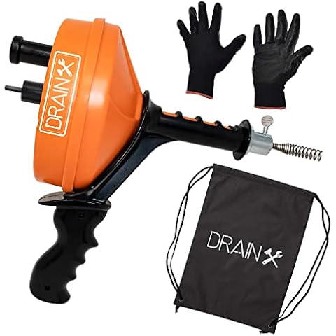 DrainX Power Pistol Grip Drum Auger | 25 ft Drain Snake 1/4" Dia Cleans Sinks, Showers and Tubs| Use with Drill or Manually |Work Gloves and Storage Bag Included Cover