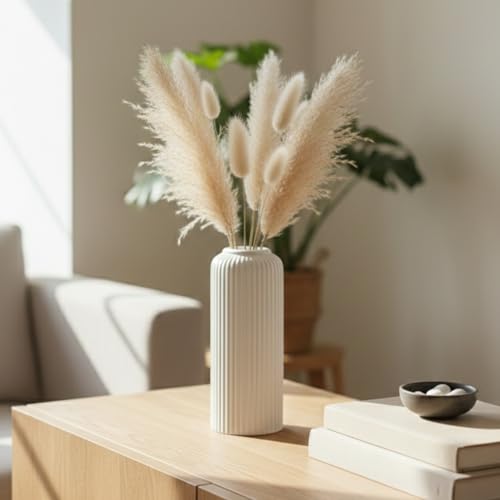 Image of KREATIVE ART'S Modern Ribbed Design Ceramic Flower Vase for Living Room, Flower Pots for Artificial Flower, Home Decoration Item, Home Decor, Vases for Living Room (White, Medium)