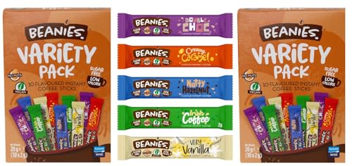 Beanies Flavoured Instant Coffee Sticks Variety Pack, 2 Packs of 10 x 2g Sachets (Total 20 Sticks, 5 Flavours) Very Vanilla, Irish Coffee, Double Choc, Nutty Hazelnut, Creamy Caramel