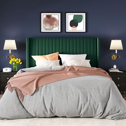 Image of Allewie Full Size Bed Frame /Velvet Upholstered Platform Bed /Vertical Channel Tufted Wingback Headboard /Strong Wooden Slats /No Box Spring Needed /Easy Assembly /Green