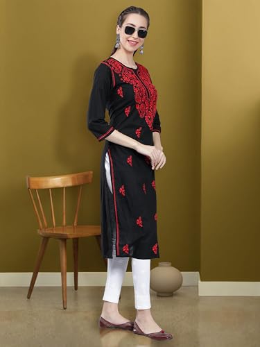 Image of Seva Chikan Hand Embroidered Lucknowi Chikankari Regular Straight Cotton Kurta Kurti for Women SCL4243
