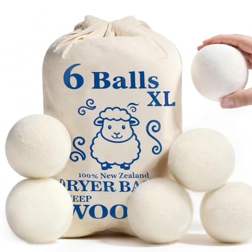 Large Wool Dryer Balls, New Zealand Dryer Balls Laundry Reusable Reduce Static Cling, Dryer Ball to Reduce Wrinkles & Shorten Drying Time, Drying Balls Fabric Softener Ball for Laundry（Pack of 6 XL)