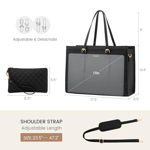 Image of LOVEVOOK Laptop Tote for Women, 17.3 inch Waterproof PU Leather Computer Bag, Large Capacity Work Tote, Black