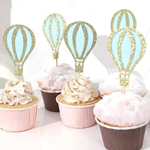 12Pcs Hot Air Balloon Cupcake Topper - Glitter Cupcake Topper , Baby Shower Decorations , Birthday Party Supplies , Retirement/Travel/Graduation Theme Party Decor (Hot Air Balloon Cupcake Topper Blue) #TOP4