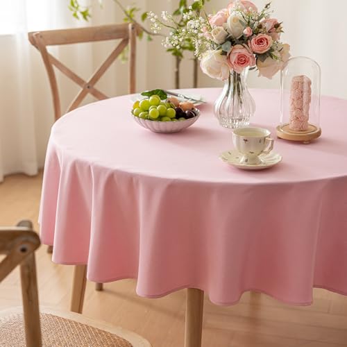 Yeahshion Nappe Rose Ronde Anti-Tache Φ150cm, Nappe Imperméable Effet Lin Polyester pour Table, Salle à Manger, Restaurant (Rose, Φ150cm)