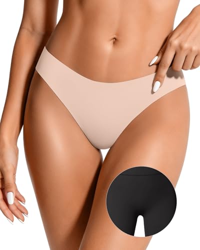 Image of OEAK Seamless Thongs for Women Invisible Thongs No Show Thong Panty Liners Tangas Comfortable Workout G-Strings Underwear Cream S