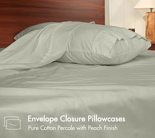 Image of RUVANTI 100% Cotton Percale Sheets King - Crisp Cooling Summer Bed Sheets for Hot Sleepers, Deep Pocket 14 inch, Soft Peach Finish, Breathable & Durable Hotel-Style 4 Piece Set, Sage Green