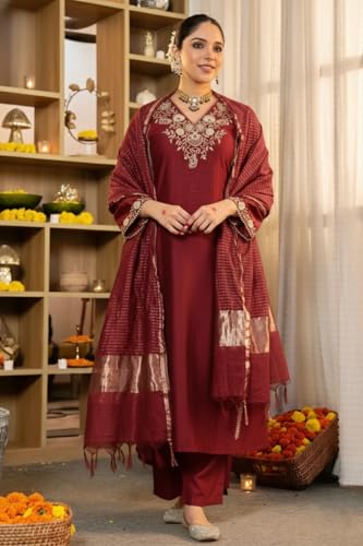Image of Klosia Women Embroidery Solid Straight Kurta and Pant Set with Dupatta