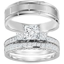 10K 14K 18K Real Gold Couple Wedding Ring Set for Her and Him Moissanite Promise Ring Set for Women and Men Couple Engagement Rings Set 925 Silver 3pcs Bridal Rings Sets Free Engraving
