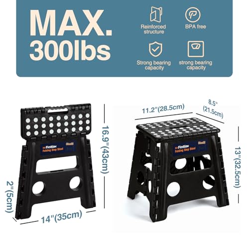 Image of Flottian 13 inch Folding Step Stool for Adults and Kids Holds Up to 300 lbs,Non-Slip Folding Stools with Handle, Compact Plastic Foldable Step Stool for Bathroom,Bedroom, Kitchen Gray,1PC