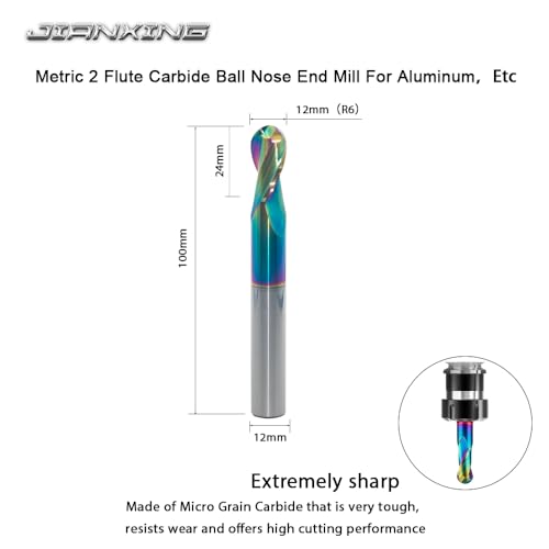 Image of 12mm R6 Extra Long DLC Coated 2-Flute Carbide Ball Nose End Mill, 100mm OAL, Ideal for Aluminum, Copper Alloys & Plastic Machining-High Precision & Wear-Resistant Cutting Tool(1 Pack)