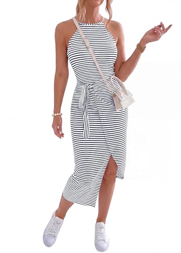 Image of NOLLSOM Women Casual Sleeveless Striped Tank Midi Dresses Halter Neck Ruched Bodycon Dresses Tie Waist T Shirt Summer Dress
