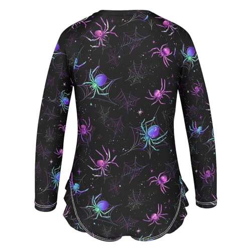 ALAZA Colorful Spider Web Halloween Girls One Piece Swimsuit Long Sleeve Rash Guard Swimsuits UV 50+ Swimwear Zipper3