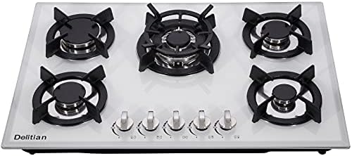 30 Inch Gas Cooktop DTW5701 White Tempered Glass Gas Stovetop, 5 Gas Burners LPG/NG Convertible Gas Stove Thermocouple Protection Gas Hob