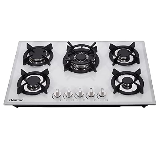 30 Inch Gas Cooktop DTW5701 White Tempered Glass Gas Stovetop, 5 Gas Burners LPG/NG Convertible Gas Stove Thermocouple Protection Gas Hob