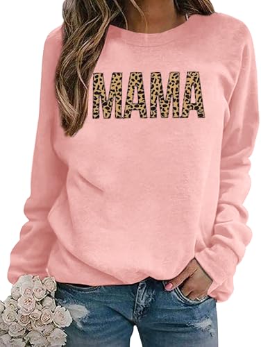 EGELEXY Mama Sweatshirts for Women Leopard Mama Crewneck Best Moms Outfit Lightweight Pullover Tops