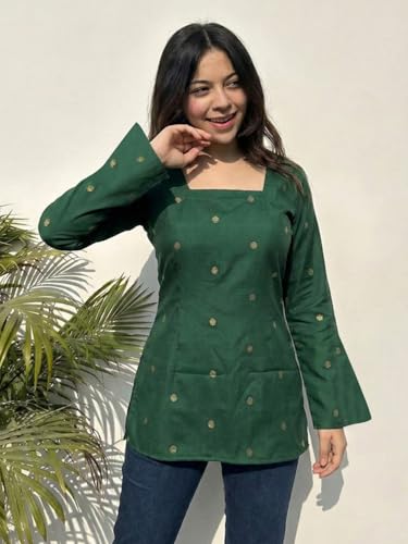 Image of ANNI Designer Women's Viscose Blend Printed Short Kurti | Straight Fit Ethnic Top with Square Neck | Bell Sleeve Indian Kurta for Office College, Party