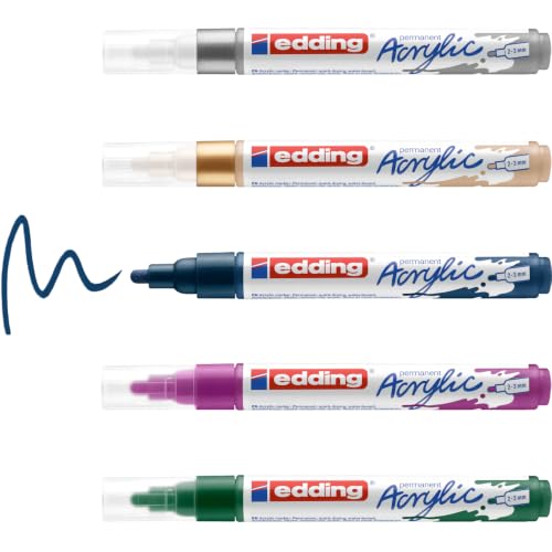 Edding 5100 Marqueur acrylique - vert, violet, bleu, argent, or - 5 couleurs (festives) - pointe ronde 2-3 mm - peinture acrylique pour la toile, le bois et la pierre - stylos imperméables