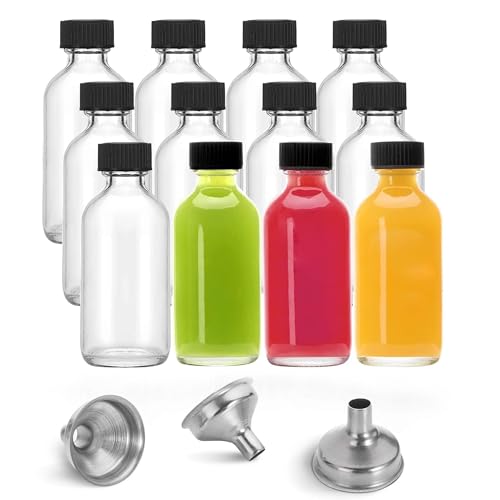 AYHOJIO 12 Pack 60ml (2oz) Small Clear Glass Bottles with Leak Proof Lids, 3 Funnels & Labels - Boston Round Shot Bottles for Ginger Turmeric Juice, Health Wellness, Essential Oils, Travel