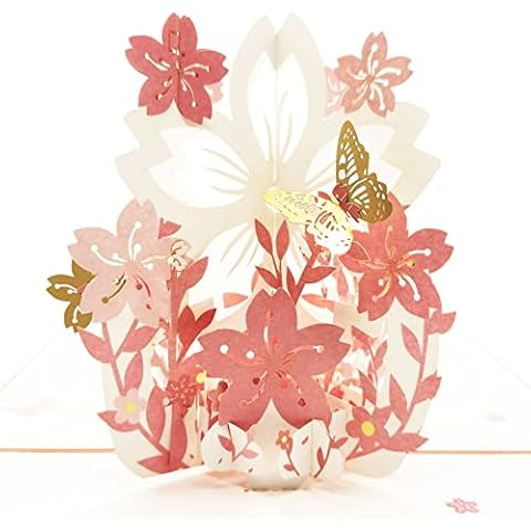 Pop Up Greeting Card ,Pink Sakura Basketr Greeting Cards for Valentine's Day, Birthday, Mother's Day, All Occasions, Bless Gift Cards Flower Spring Card 5.9" x 7.9" - with Envelope and Note Tag Cover