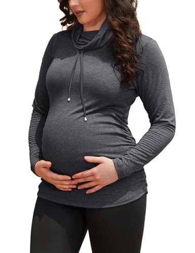 GINKANA Maternity Pullover Sweatshirt Casual Maternity Tunic Tops Long Sleeve Drawstring Lightweight Shirts,Dark Grey,S