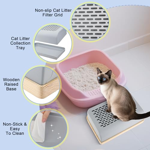 Caja de arena para gatos mayores de fácil acceso y base de madera estable 5