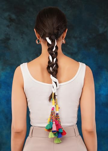 Image of Zippy Flora Rangeela Parandi (Multicolor) | Handmade Boho Parandi | Traditional Hair Accessory with Braid Tassles & Shells | Hair Extension | Choti | Versatile for Boho & Festive Styling | 22 Inches Length