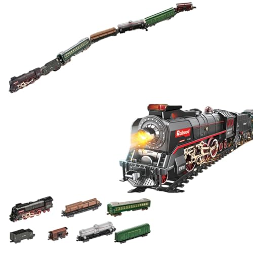 Aeroor蒸気機関車トレインセット、電池式列車、模型列車、ヴィンテージ蒸気 、連結輪、客車、ロングレール付き、組み立て済み、煙と効果音付き。蒸気スプレーは楽しく学べるおもちゃです クリスマス用のおもちゃ 電車セット (629B06(機関車+客車5両+ライ