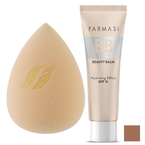 Farmasi SET: BB Cream - DEEP 06 & Makeup Sponge - Flawless Finish, Natural Look, Moisturizes Skin, Protects Skin, SPF 15, Lightweight Formula, Even Application