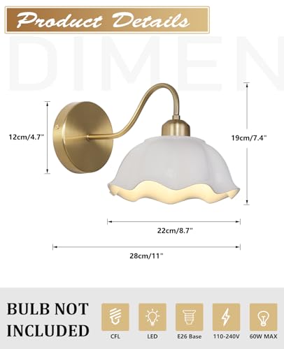 Image of Mid Century Modern Single Gold Wall Sconce Industrial Vintage Wall Mount Light Fixture Simple Rustic 1-Light Antique Brass Wall Sconce with White Glass Lampshade Retro Wall Lamps MWL02-1B
