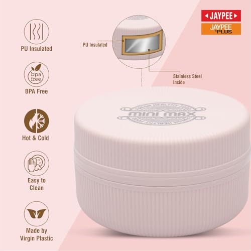 Image of JAYPEE Mini Max Lunch Box for School, Office, Ideal for Snacks and Meal, Keeps Food Hot & Fresh Insulated Stainless Steel Inner with Plastic Dish Inside for Office, College and Picnic, Pink, 830 ml